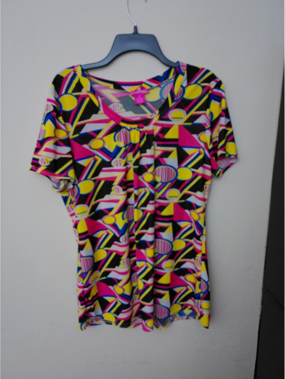 Prestige Edge Top Womens Multicolor XL Geometric Print Short Sleeve Blouse‎